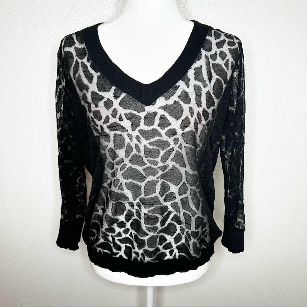 Club Monaco Womens Black Sheer Animal Print V-Neck Pullover Sweater Top Size L